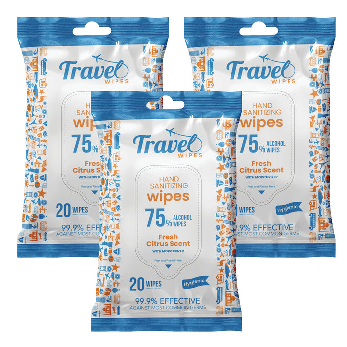 Hand Sanitizing Travel Wipes – 75% Travel Size Alcohol Wipes, (3x20ct Packs, 60ct) - Large Wipes, Fresh Citrus Scent, Moisturizing - Travel, Home, Office, Daily Use for Car, Bag, Purse, Airplane (Copy)