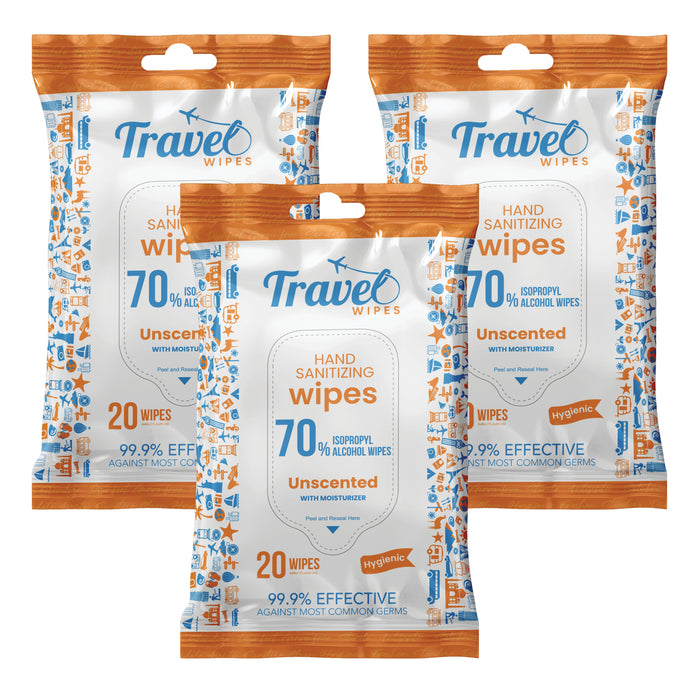 Hand Sanitizing Travel Wipes – 70% Travel Size Isopropyl Alcohol Wipes, (3x20ct Packs, 60ct) - Large Wipes, Unscented, Moisturizing - Travel, Home, Office, Daily Use for Car, Bag, Purse, Airplane (Copy)