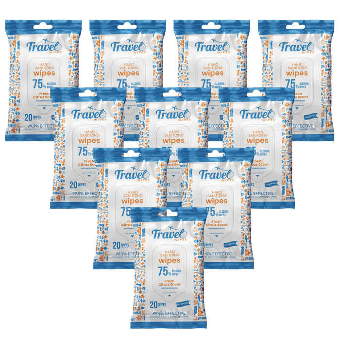 Hand Sanitizing Travel Wipes – 75% Travel Size Alcohol Wipes, (10x20ct Packs, 200ct) - Large Wipes, Fresh Citrus Scent, Moisturizing - Travel, Home, Office, Daily Use for Car, Bag, Purse, Airplane