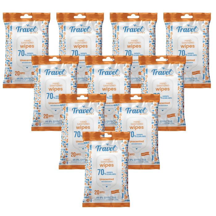 Hand Sanitizing Travel Wipes – 70% Travel Size Isopropyl Alcohol Wipes, (10x20ct Packs, 200ct) - Large Wipes, Unscented, Moisturizing - Travel, Home, Office, Daily Use for Car, Bag, Purse, Airplane